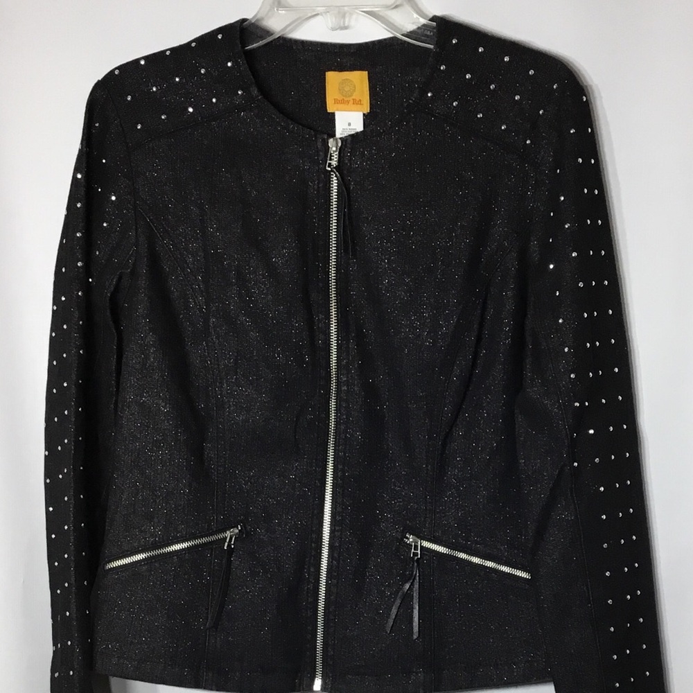 Ruby Rd Black Silver Studded Metallic Sheen Jacket - image 1